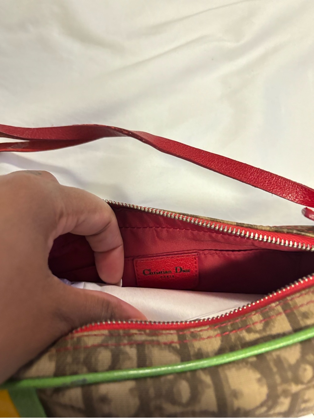 Dior Brown Monogram Shoulder Bag with Red Strap and Yellow Patch - Picture 5 of 6